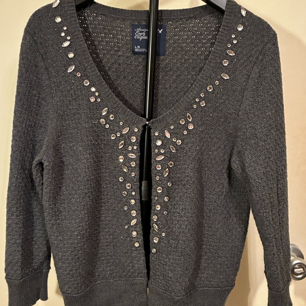 American Eagle Outfitters Charcoal Grey Jeweled Rhinestone V‑Neck Cardigan EUC L